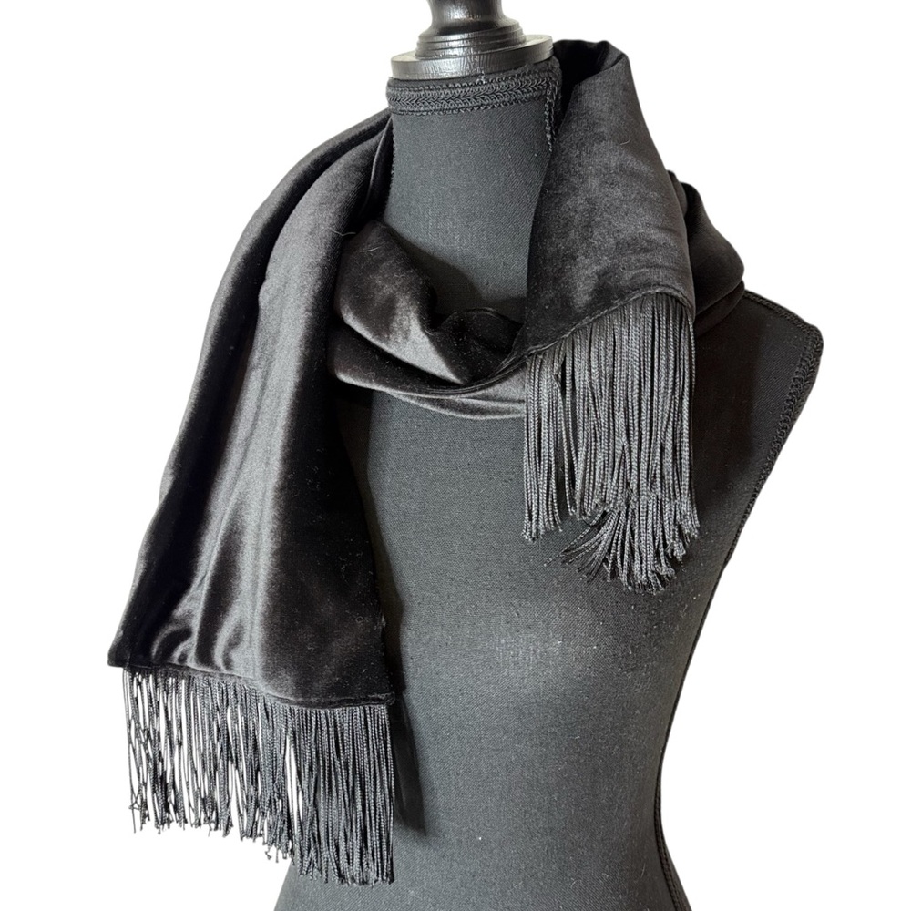 Velvet Rectangle Scarf Fringe Tassels Black Soft Smooth Velour